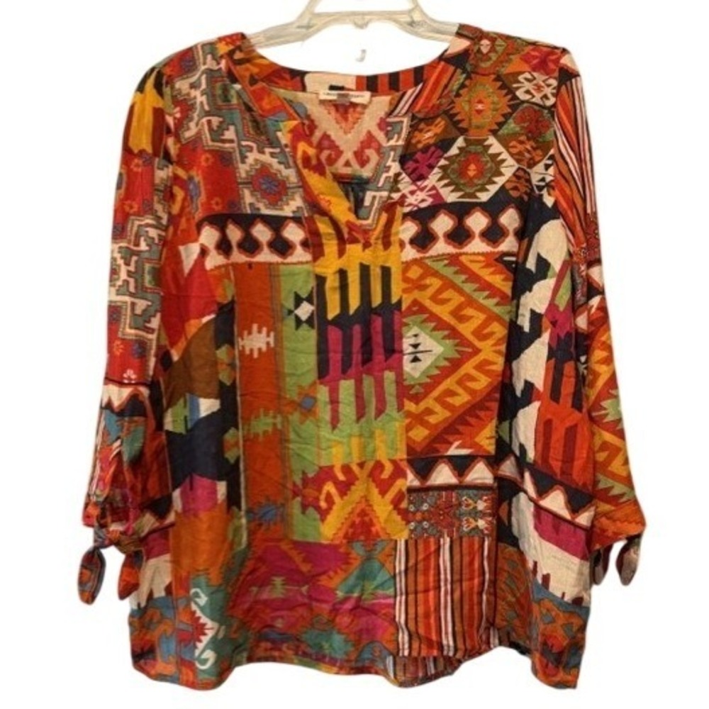Christian Siriano New York Womens 1X Multicolor Southwestern Boho Rayon Blouse